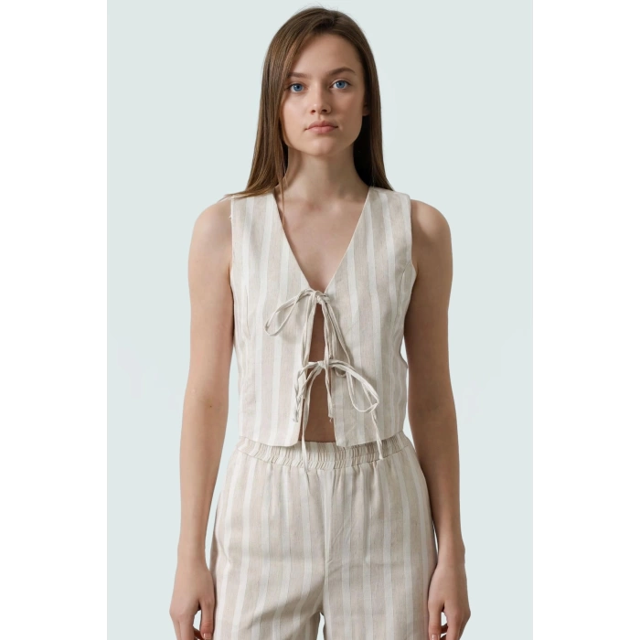 Keten Görünümlü Çizgili Crop Bluz V Yaka Kolsuz Rahat Uzun Ömürlü Trend Tasarım