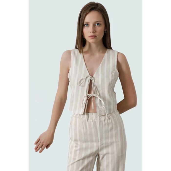 Keten Görünümlü Çizgili Crop Bluz V Yaka Kolsuz Rahat Uzun Ömürlü Trend Tasarım