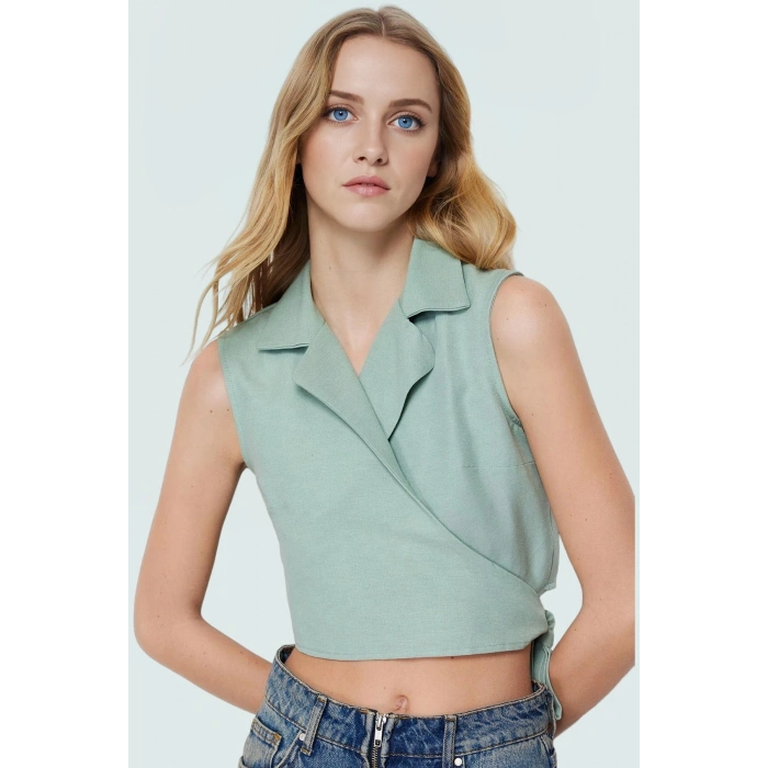 Keten Görünümlü Crop Bluz Ceket Yaka Kalın Askılı Yazlık Rahat Kullanım