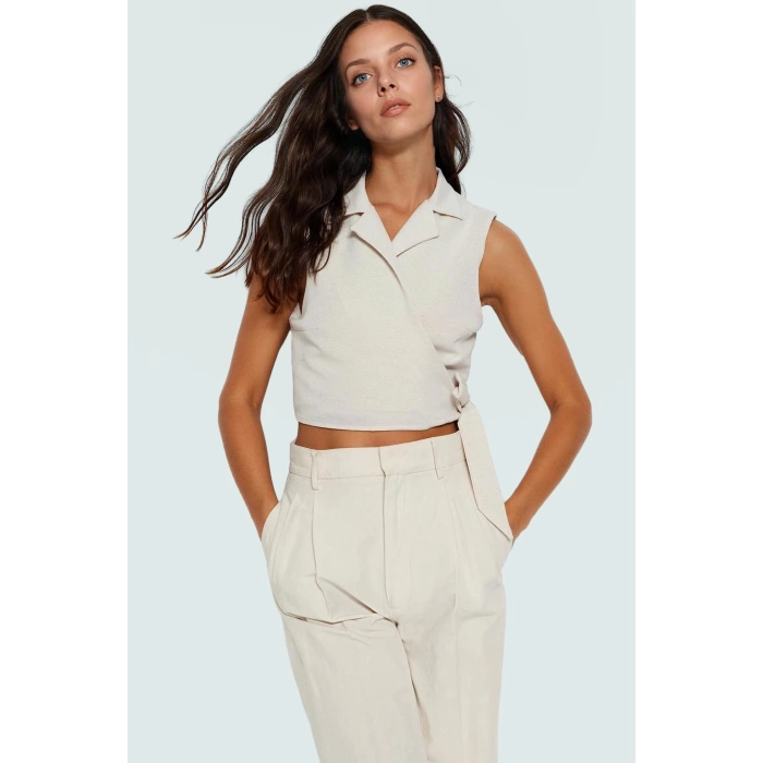 Keten Görünümlü Crop Bluz Ceket Yaka Kalın Askılı Yazlık Rahat Kullanım