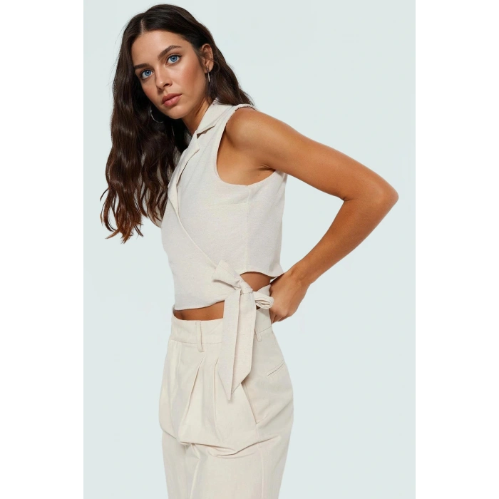Keten Görünümlü Crop Bluz Ceket Yaka Kalın Askılı Yazlık Rahat Kullanım