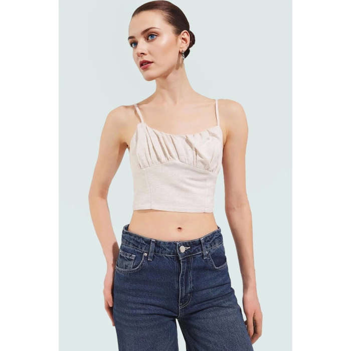 Keten Görünümlü İnce Askılı Crop Bluz Yazlık Rahat Günlük Stil Şık Görünüm Profesyonel