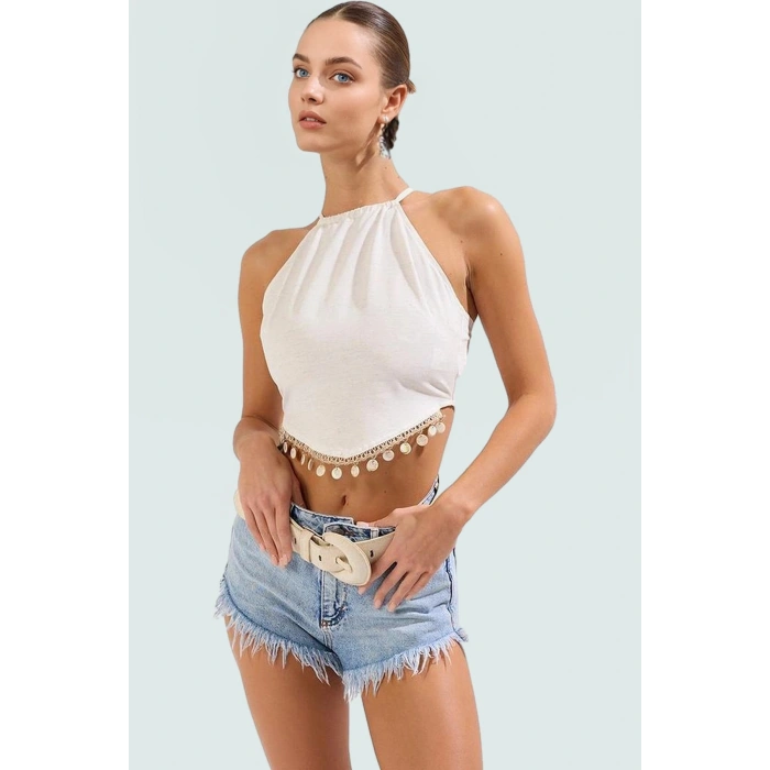 Keten Karışımlı Kolsuz Plaj Bluz Hakim Yaka Aksesuarlı Yazlık Modern Stil Uzun Ömürlü