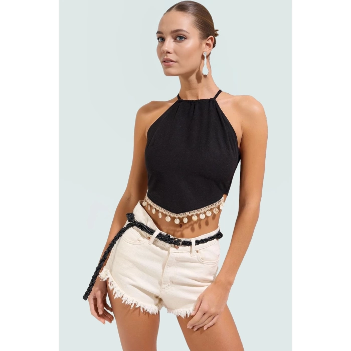 Keten Karışımlı Kolsuz Plaj Bluz Hakim Yaka Aksesuarlı Yazlık Modern Stil Uzun Ömürlü