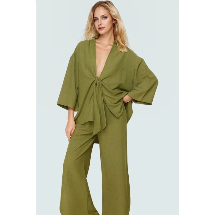 Keten Karışımlı Oversize Gömlek Pantolon Takım Plaj ve Günlük Kullanım Rahat Şık