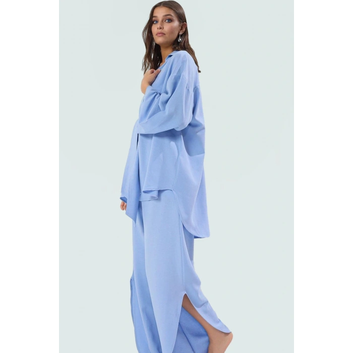 Keten Karışımlı Oversize Gömlek Pantolon Takım Plaj ve Günlük Kullanım Rahat Şık