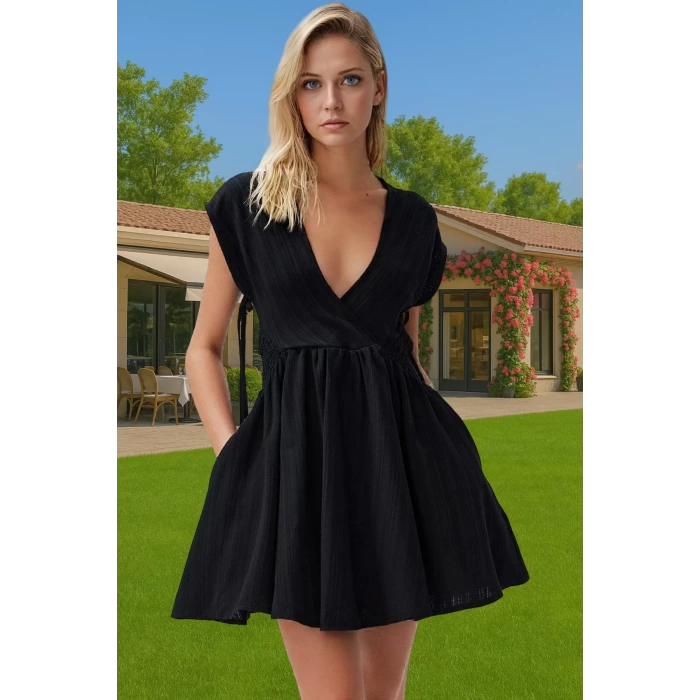 Keten Karışımlı V Yaka Mini Elbise Cut Out Detaylı Yazlık Elbise Profesyonel Görünüm Trend Tasarım