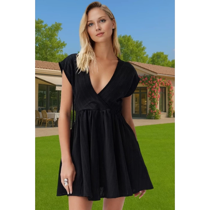Keten Karışımlı V Yaka Mini Elbise Cut Out Detaylı Yazlık Elbise Profesyonel Görünüm Trend Tasarım