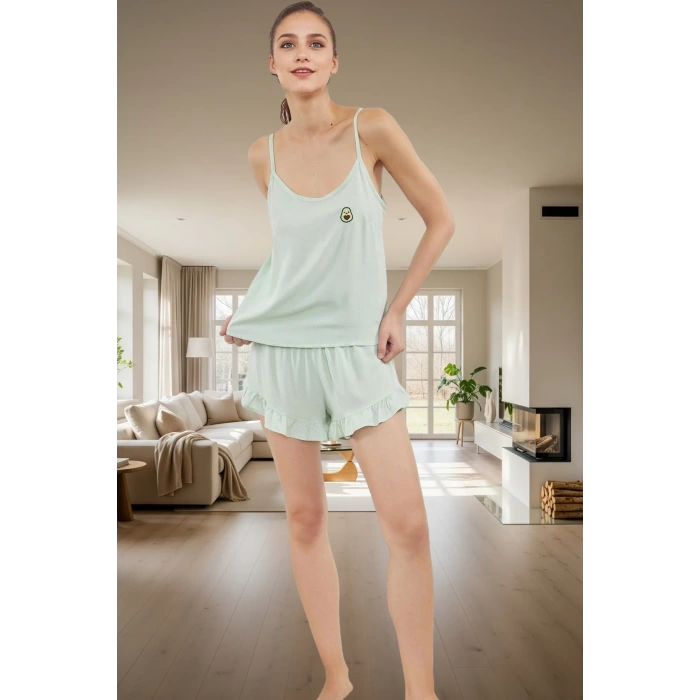 Kiraz Nakışlı Viskon Pijama Takımı Şortlu Kolsuz Regular Kalıp Yüksek Kalite Modern Stil