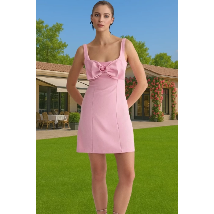 Kısa A Kesim Abiye Elbise Fiyonk Detayli Dokuma Polyester Yazlık Trend Tasarım Zarifane Tasarım