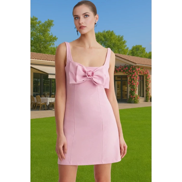 Kısa A Kesim Abiye Elbise Fiyonk Detayli Dokuma Polyester Yazlık Trend Tasarım Zarifane Tasarım