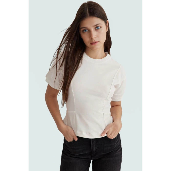 Kısa Kollu Bluz Örme Kumaş Bisiklet Yaka Fitted Yazlık Kombinler İçin Uzun Ömürlü