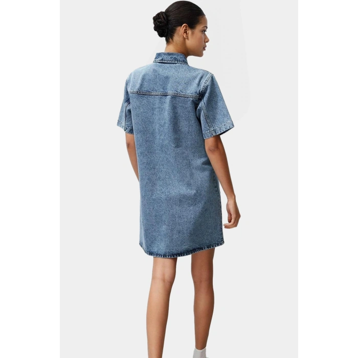 Kısa Kollu Denim Gömlek Elbise Mini Boy Casual Günlük Pamuk Yüksek Kalite Profesyonel Görünüm