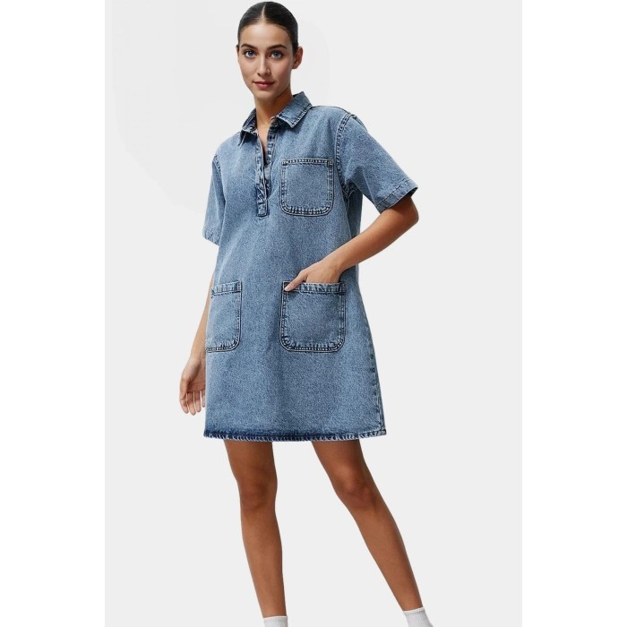 Kısa Kollu Denim Gömlek Elbise Mini Boy Casual Günlük Pamuk Yüksek Kalite Profesyonel Görünüm
