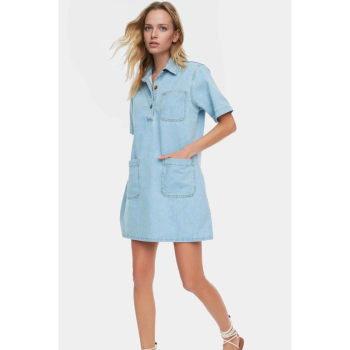 Kısa Kollu Denim Gömlek Elbise Mini Boy Casual Günlük Pamuk Yüksek Kalite Profesyonel Görünüm