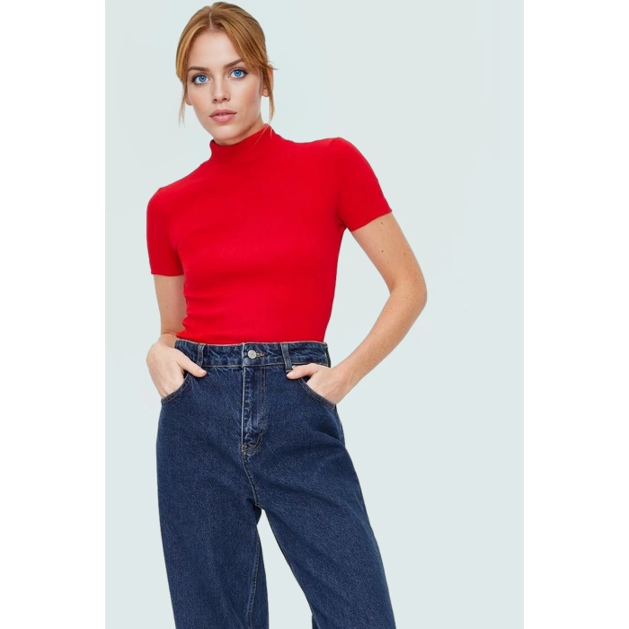 Kısa Kollu Fitted Bluz Polyester Pamuk Karışımı Dik Yaka Casual Tarz Dayanıklı Malzeme
