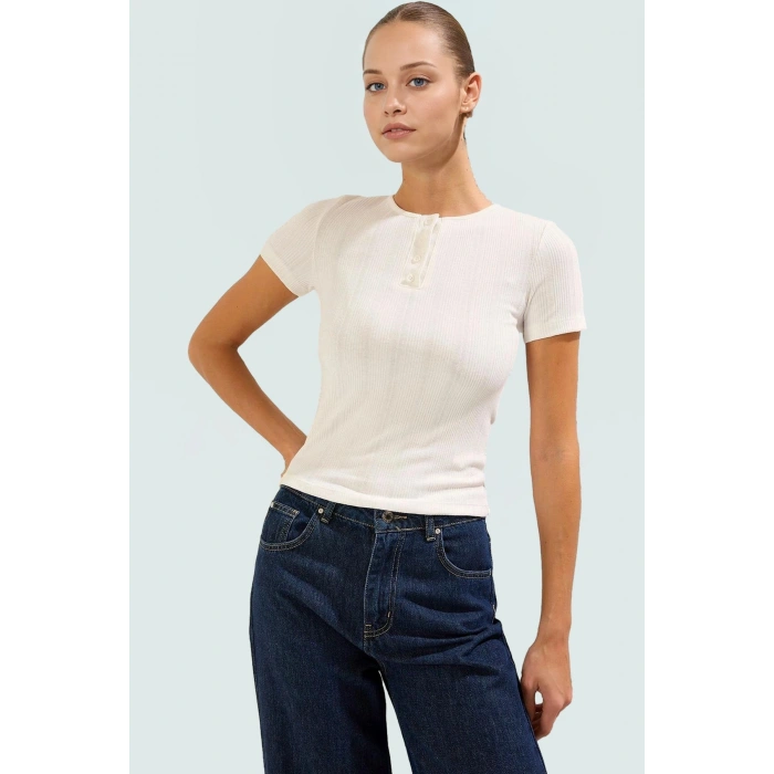 Kısa Kollu Örme Bluz Regular Boy Fitted Kalıp Bisiklet Yaka Yazlık Yüksek Kalite