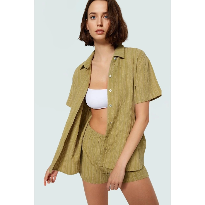 Kısa Kollu Oversize Keten Karışımlı Şort Takım Plaj ve Günlük Kullanım İçin