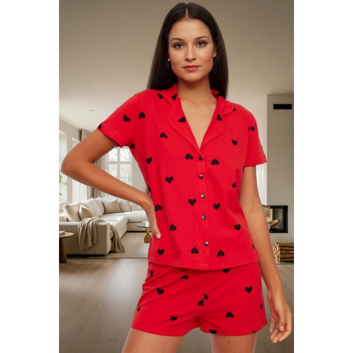 Kısa Kollu Pamuklu Pijama Takımı Kalpli Desenli Regular Kalıp Yazlık Ev Giyim Özenle Seçilmiş