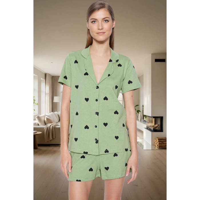 Kısa Kollu Pamuklu Pijama Takımı Kalpli Desenli Regular Kalıp Yazlık Ev Giyim Özenle Seçilmiş