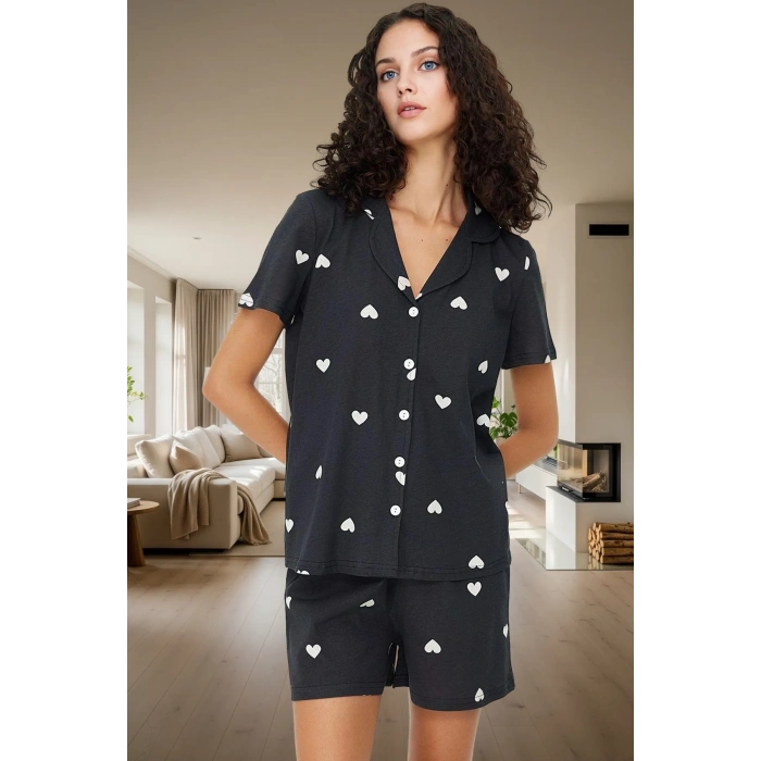 Kısa Kollu Pamuklu Pijama Takımı Kalpli Desenli Regular Kalıp Yazlık Ev Giyim Özenle Seçilmiş
