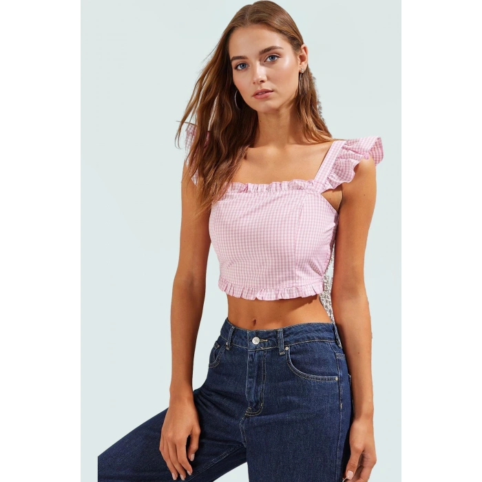 Kısa Kollu Terrycotton Bluz Pötikare Desen Fitted Kalıp Yazlık Profesyonel Görünüm
