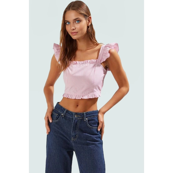 Kısa Kollu Terrycotton Bluz Pötikare Desen Fitted Kalıp Yazlık Profesyonel Görünüm