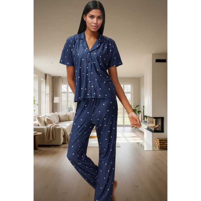 Kısa Kollu Uzun Paçalı Kalpli Pijama Takımı Ev Konforu İçin Mükemmel Seçim