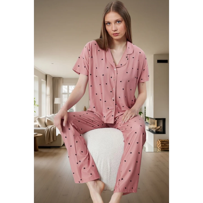Kısa Kollu Uzun Paçalı Kalpli Pijama Takımı Ev Konforu İçin Mükemmel Seçim