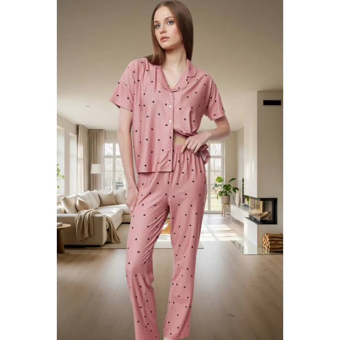Kısa Kollu Uzun Paçalı Kalpli Pijama Takımı Ev Konforu İçin Mükemmel Seçim