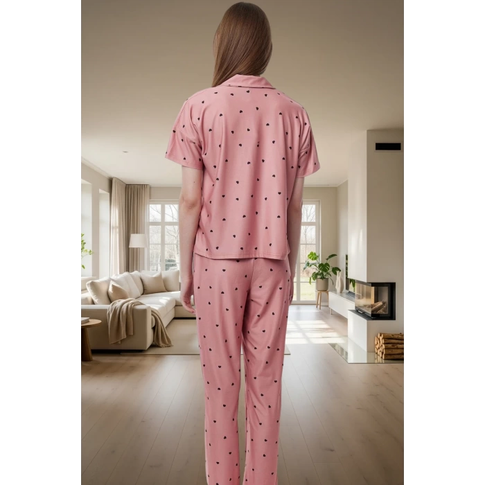 Kısa Kollu Uzun Paçalı Kalpli Pijama Takımı Ev Konforu İçin Mükemmel Seçim