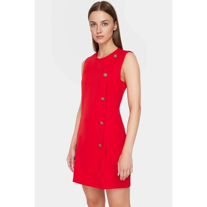 Kısa Mini Elbise Bisiklet Yaka A line Kesim Dokuma Polyester Kumaş Zarifane Tasarım Rahat Ve Şık