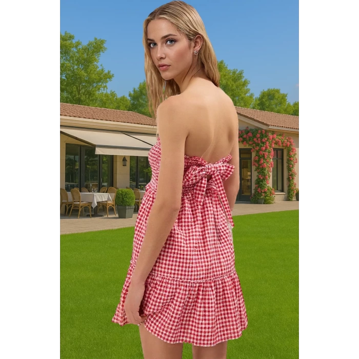 Kısa Straplez Ekose Mini Elbise Pamuk Karışımlı Yazlık Özel Tasarım Modern Stil Seçkin Malzeme