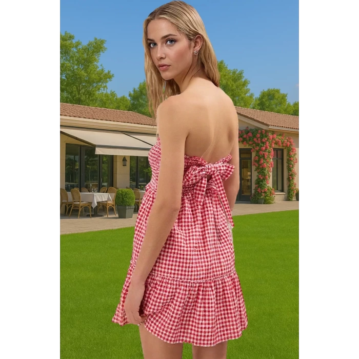 Kısa Straplez Ekose Mini Elbise Pamuk Karışımlı Yazlık Özel Tasarım Modern Stil Seçkin Malzeme