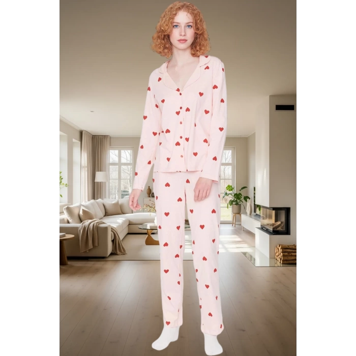 Kışlık %100 Pamuklu Pijama Takımı Kalpli Desenli Rahat Profesyonel Görünüm Ve Şık