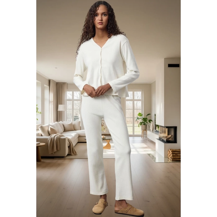Kışlık 2li Pijama Takımı Pamuk Karışımlı Hırka ve Pantolon Uzun Ömürlü Dayanıklı Malzeme