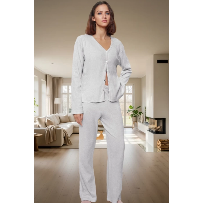 Kışlık 2li Pijama Takımı Pamuk Karışımlı Hırka ve Pantolon Uzun Ömürlü Dayanıklı Malzeme