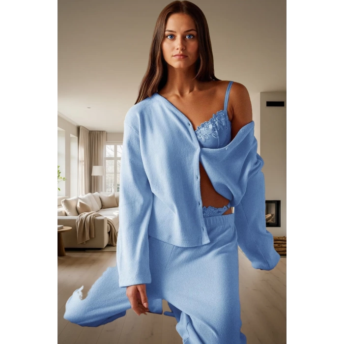 Kışlık 2li Pijama Takımı Pamuk Karışımlı Hırka ve Pantolon Uzun Ömürlü Dayanıklı Malzeme