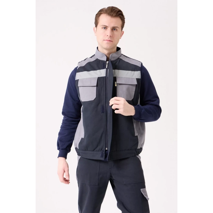 Kışlık Gabardin İş Yeleği GriLacivert Su Geçirmez Urtica Outdoor Yelek Sıcak Tutucu Suya