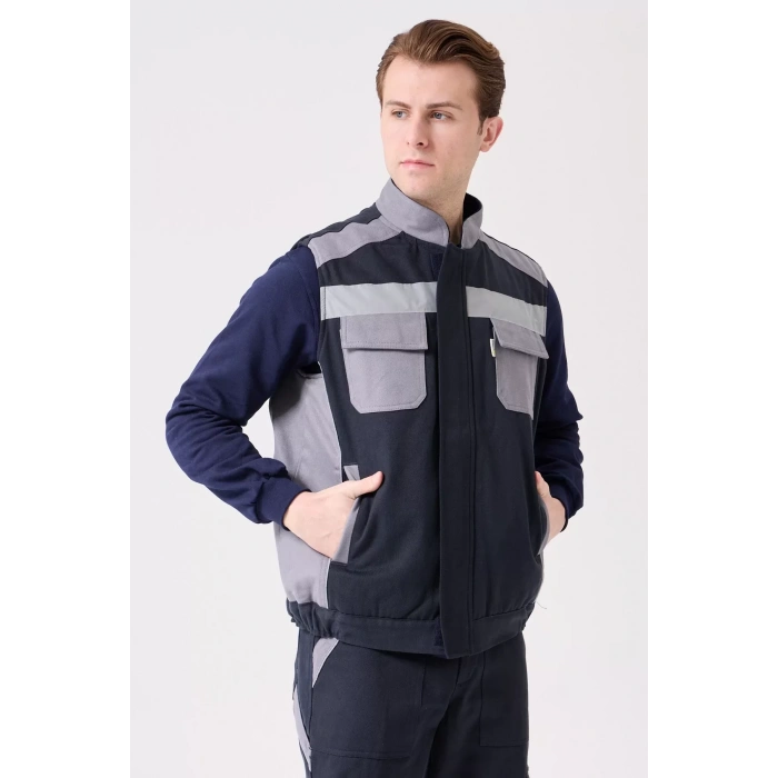 Kışlık Gabardin İş Yeleği GriLacivert Su Geçirmez Urtica Outdoor Yelek Sıcak Tutucu Suya