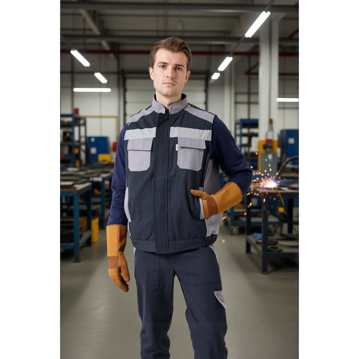 Kışlık Gabardin İş Yeleği GriLacivert Su Geçirmez Urtica Outdoor Yelek Sıcak Tutucu Suya