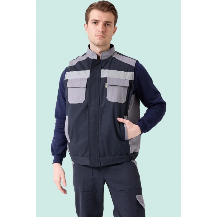 Kışlık Gabardin İş Yeleği GriLacivert Su Geçirmez Urtica Outdoor Yelek Sıcak Tutucu Suya