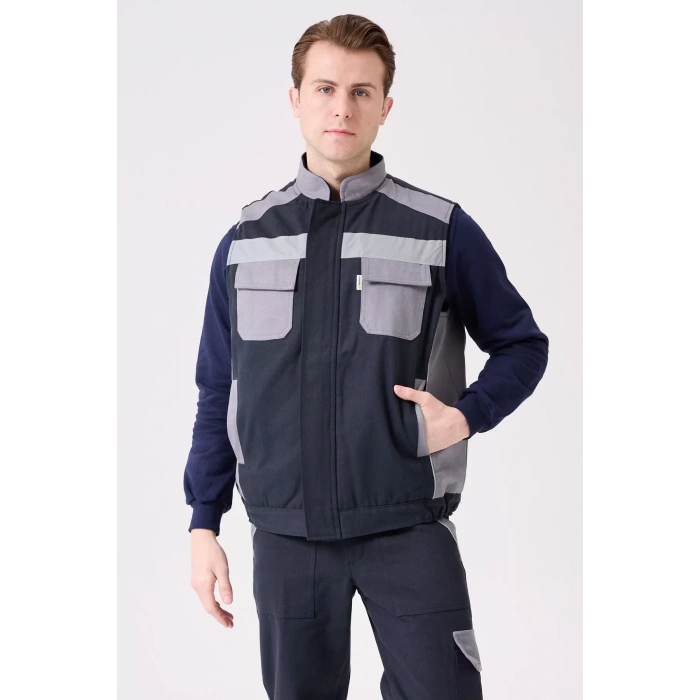 Kışlık Gabardin İş Yeleği GriLacivert Su Geçirmez Urtica Outdoor Yelek Sıcak Tutucu Suya