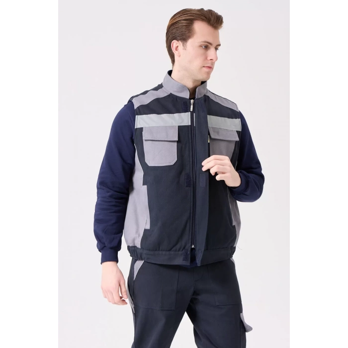 Kışlık Gabardin İş Yeleği GriLacivert Su Geçirmez Urtica Outdoor Yelek Sıcak Tutucu Suya