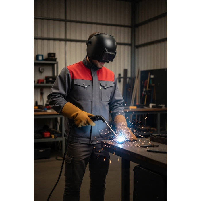 Kışlık İş Montu GriKırmızı Pamuklu Polar Astarlı Nigra Tasarım