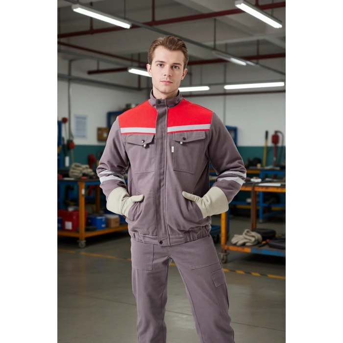 Kışlık İş Montu GriKırmızı Reflektörlü Gabardin Royal Mont İçi Kapitoneli Sıcak Tutan