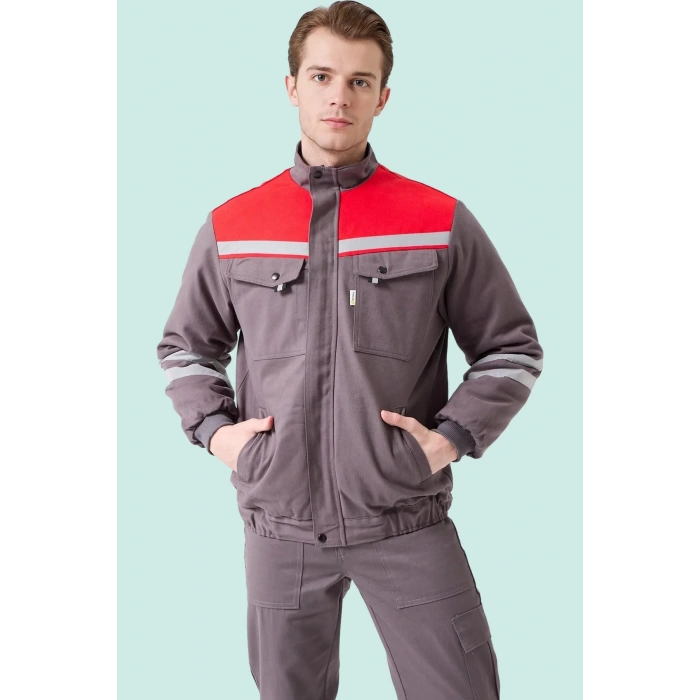 Kışlık İş Montu GriKırmızı Reflektörlü Gabardin Royal Mont İçi Kapitoneli Sıcak Tutan