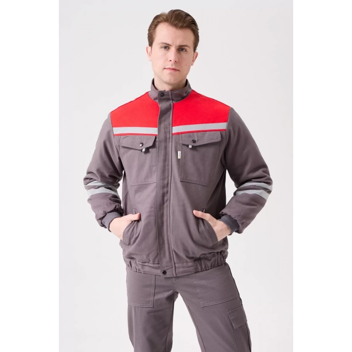 Kışlık İş Montu GriKırmızı Reflektörlü Gabardin Royal Mont İçi Kapitoneli Sıcak Tutan