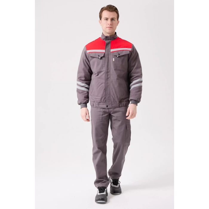 Kışlık İş Montu GriKırmızı Reflektörlü Gabardin Royal Mont İçi Kapitoneli Sıcak Tutan