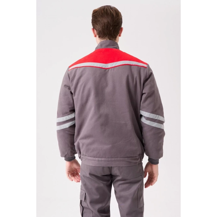 Kışlık İş Montu GriKırmızı Reflektörlü Gabardin Royal Mont İçi Kapitoneli Sıcak Tutan